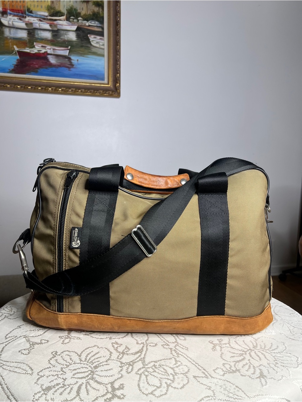 Vintage Athalon Khaki Canvas & Leather Trim Duffel Bag with Black Strap